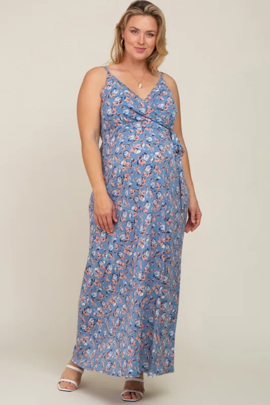Blue Floral Wrap Front V-Neck Maternity Plus Maxi Dress sold by Pinkblush