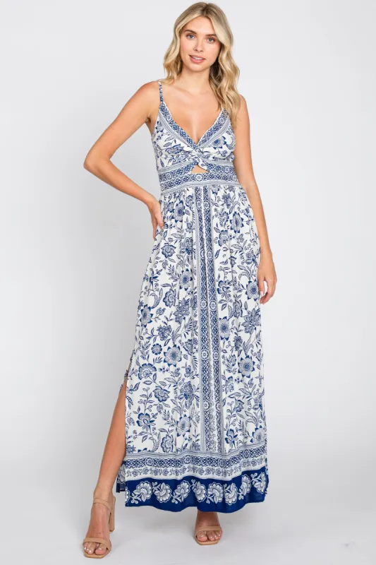 Navy Blue Floral Border Print Front Twist Maxi Dress sold by Pinkblush