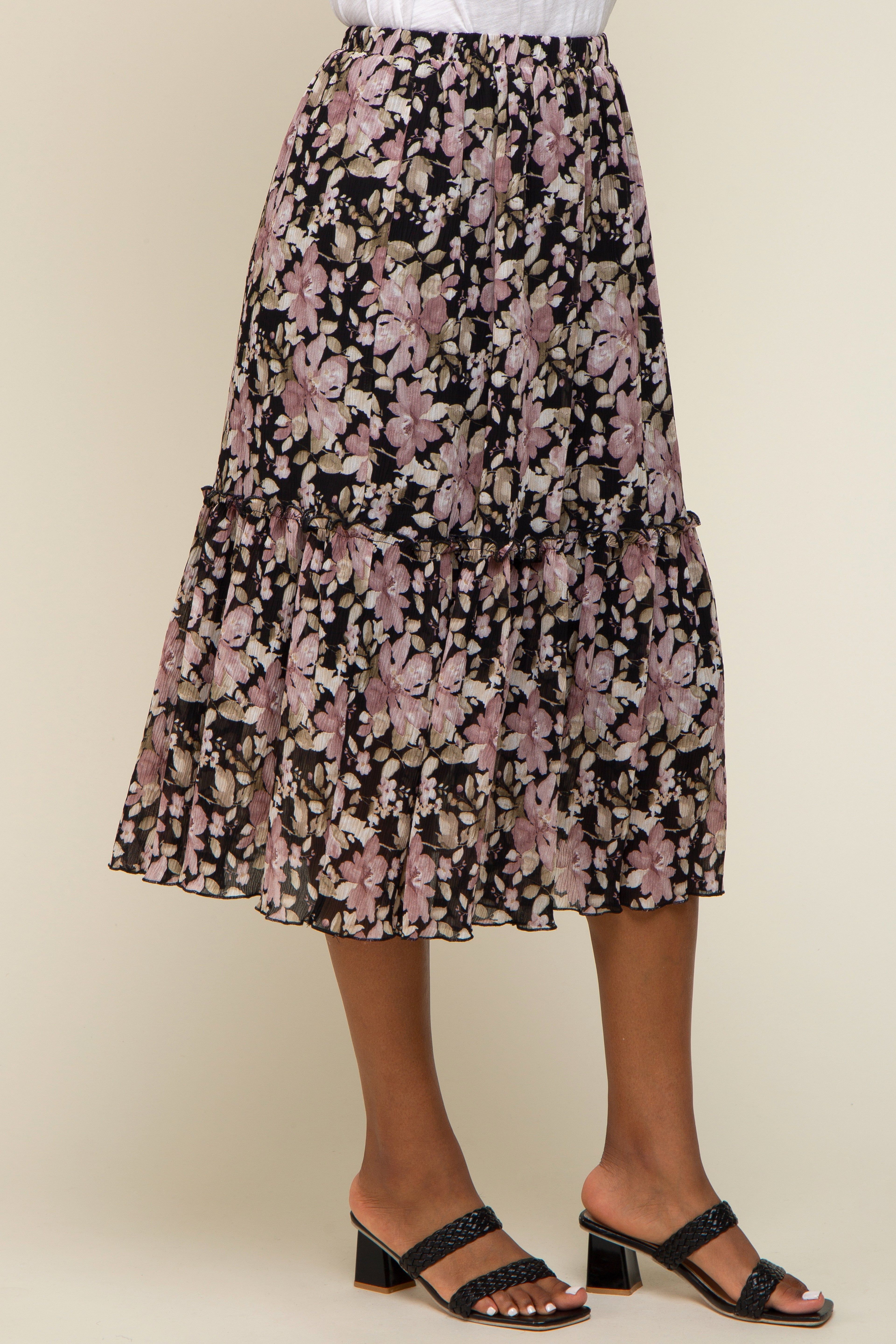 Black Floral Plisse Ruffle Accent Midi Skirt sold by Pinkblush product image thumbnail 3