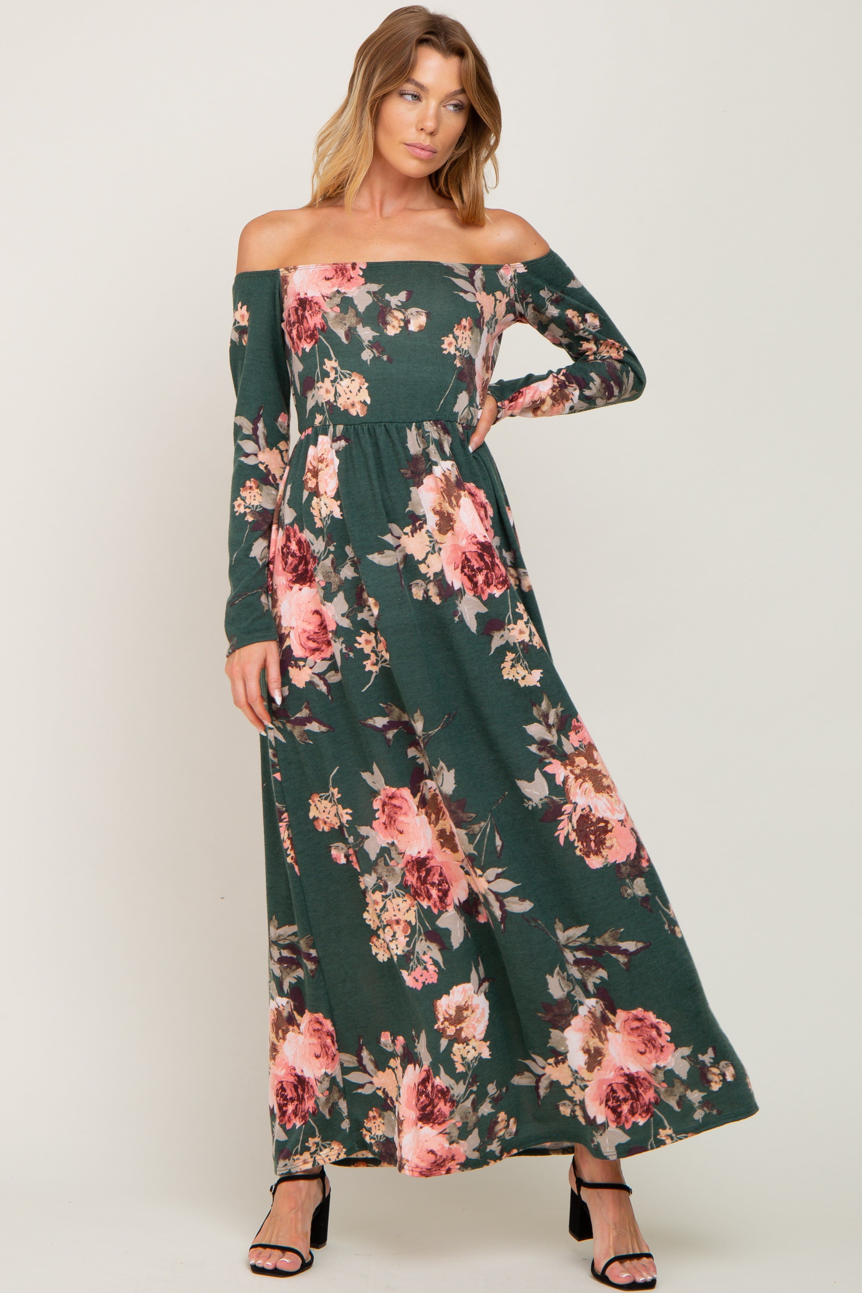 Forest Green Floral Off Shoulder Long Sleeve Maxi Dress sold by Pinkblush product image thumbnail 4