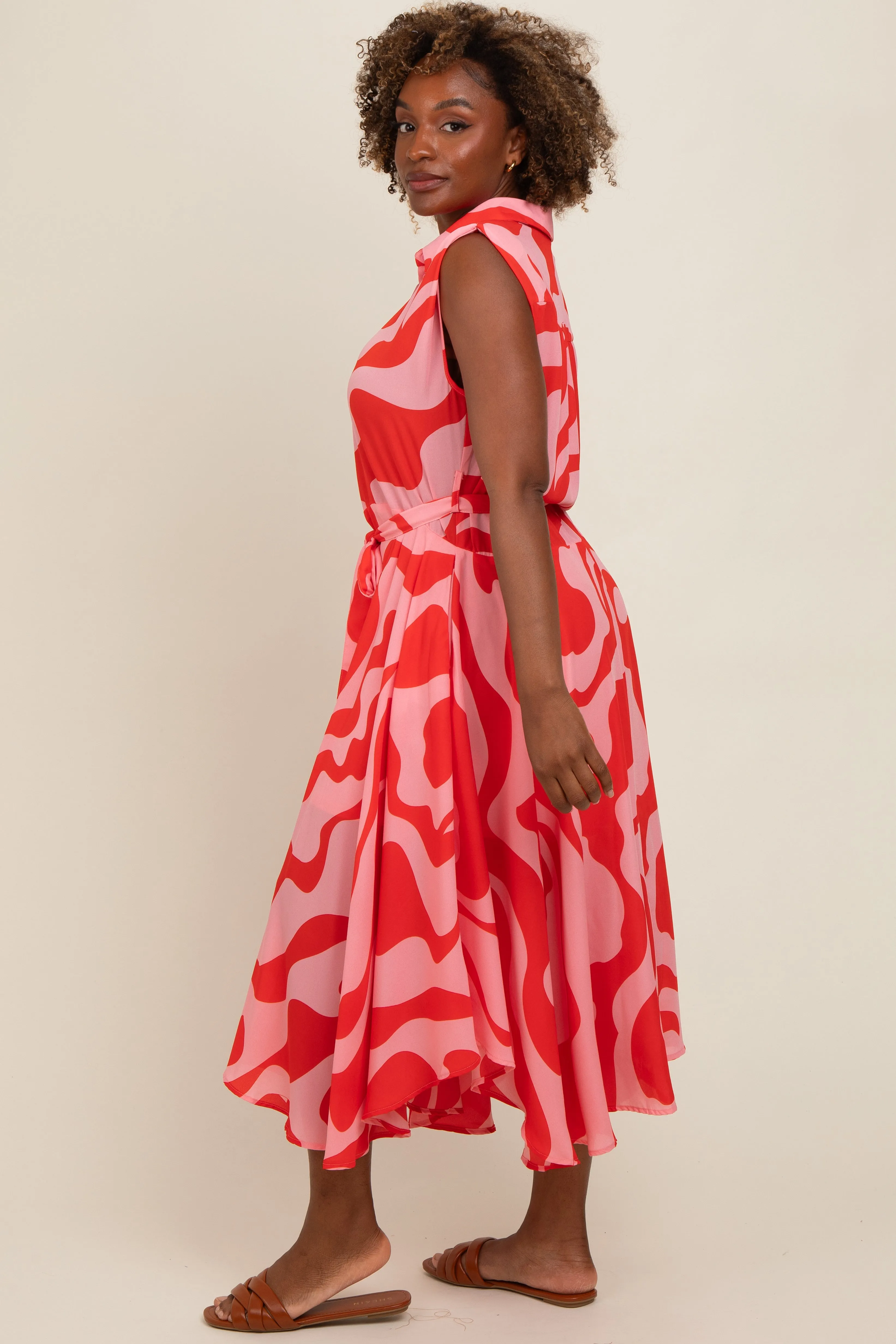 Red Abstract Print Collared Belted Dress sold by Pinkblush product image thumbnail 2