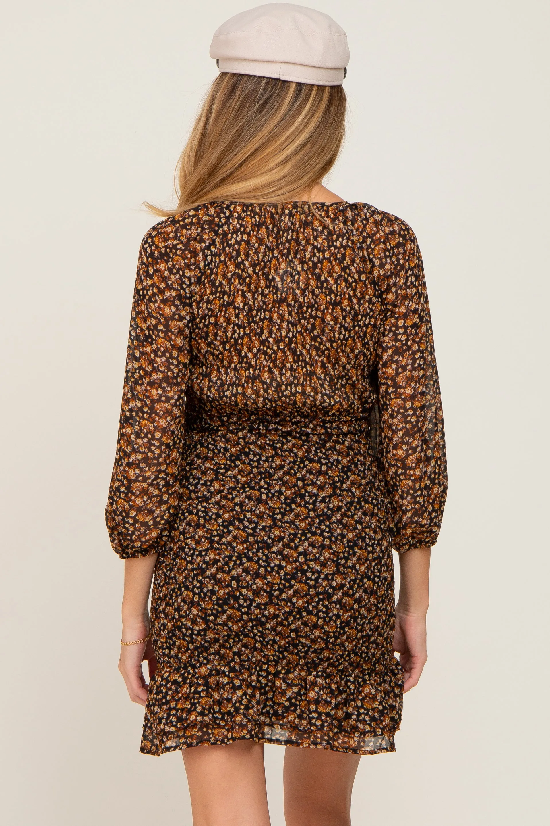 Black Floral Smocked Fitted Maternity Mini Dress sold by Pinkblush product image thumbnail 3