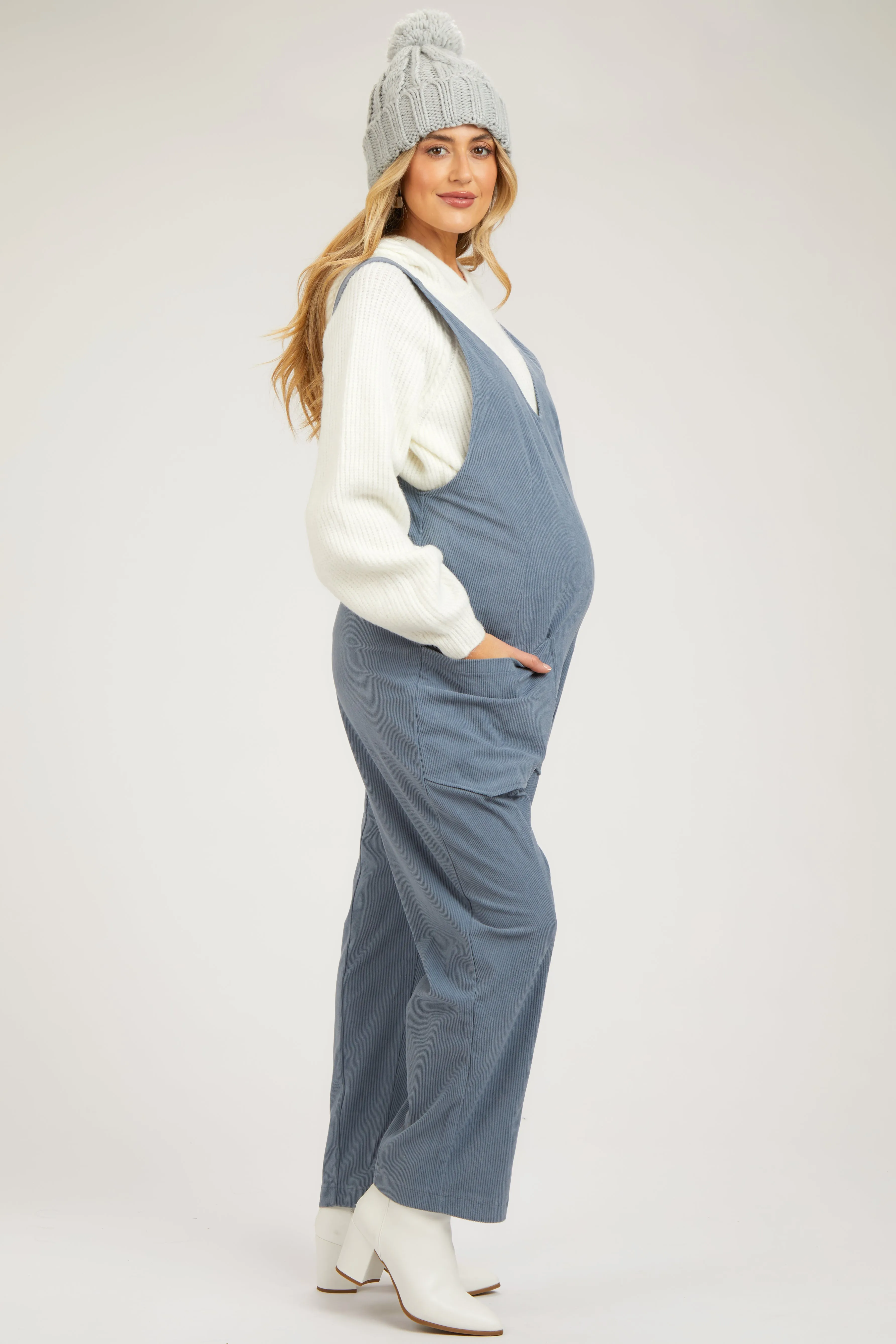Blue Corduroy Wide Leg Maternity Overalls sold by Pinkblush product image thumbnail 2