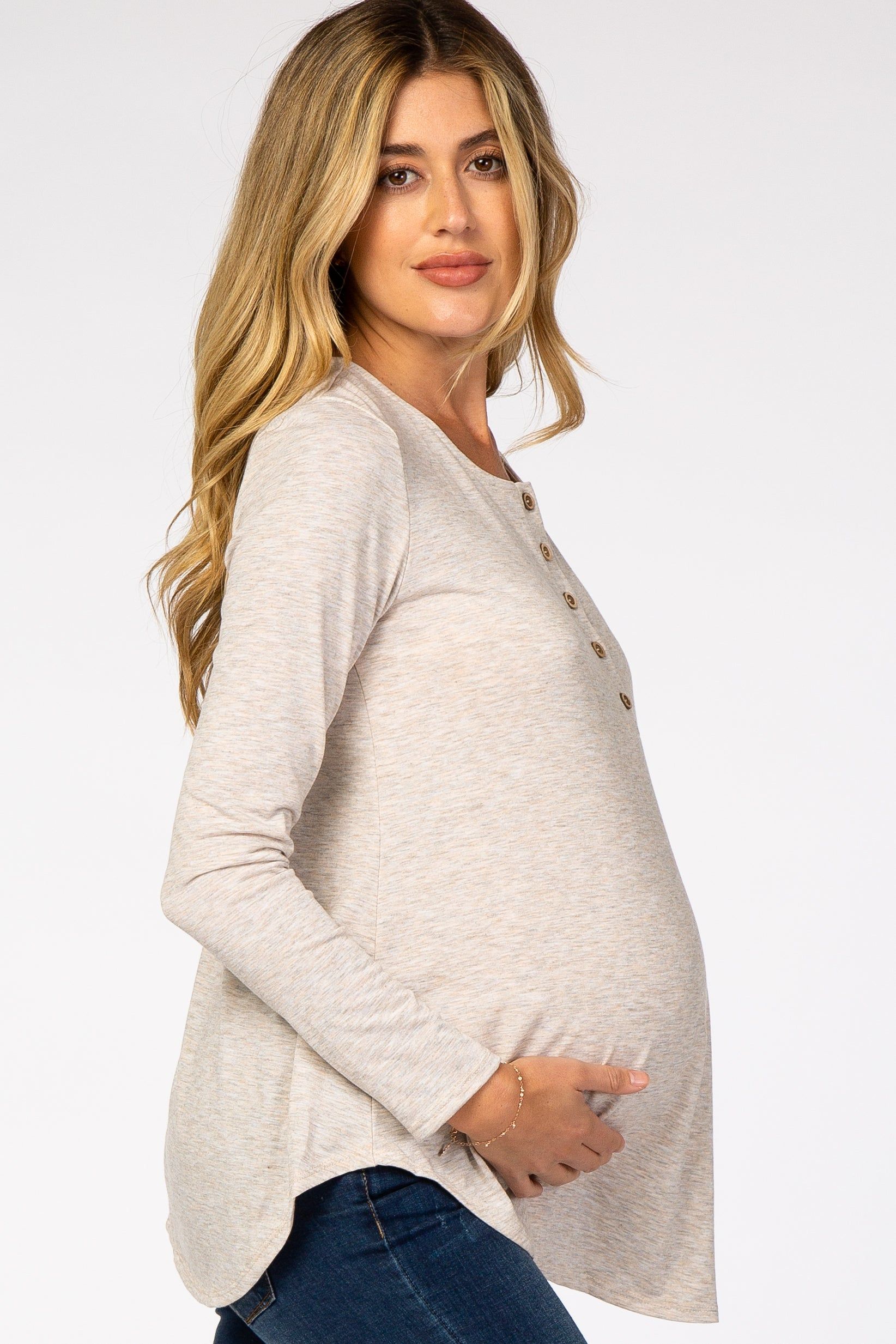 Beige Front Button Long Sleeve Maternity Top sold by Pinkblush product image thumbnail 3