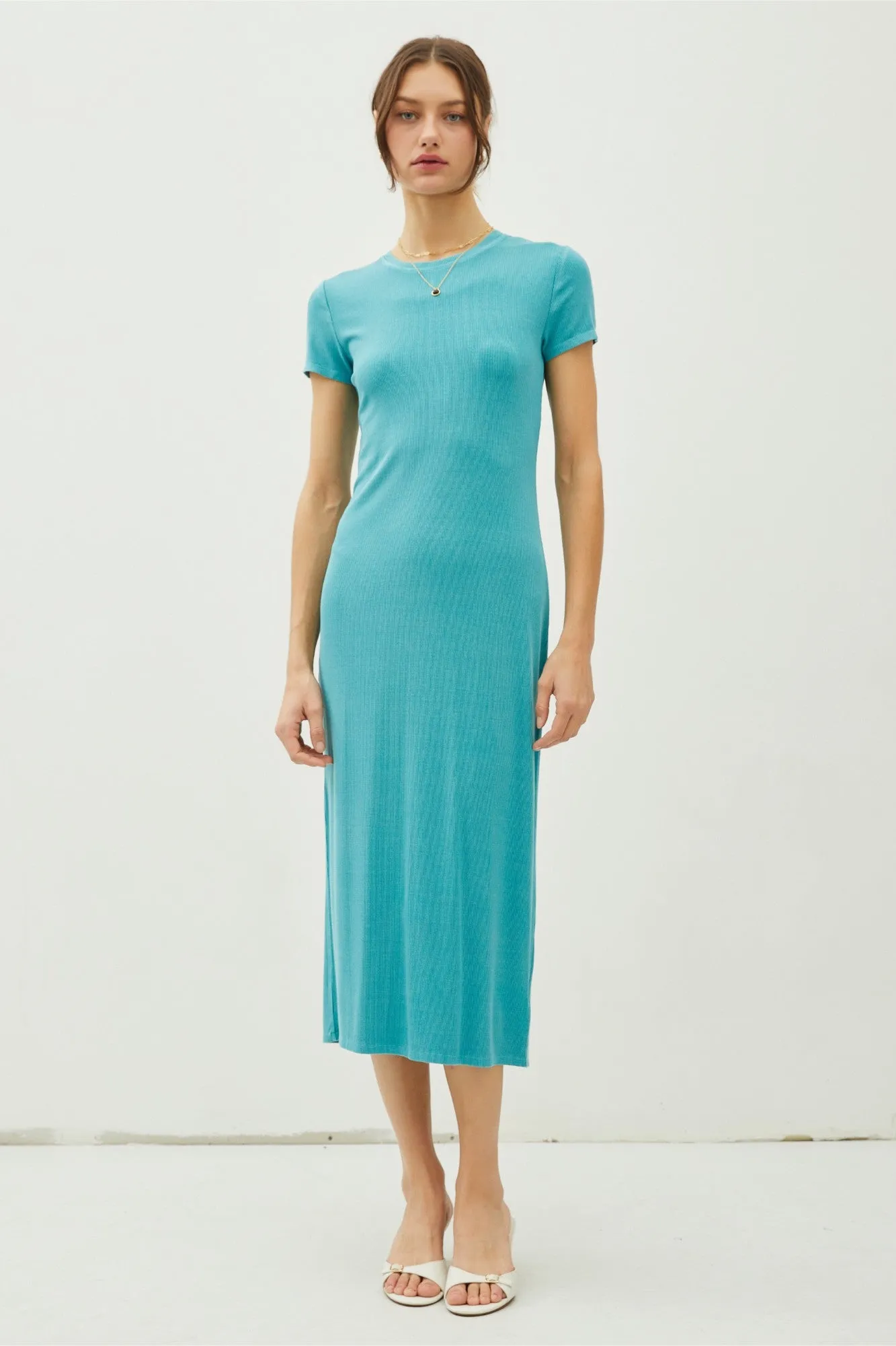 Turquoise Rib Knit Back Slit Dress sold by Pinkblush
