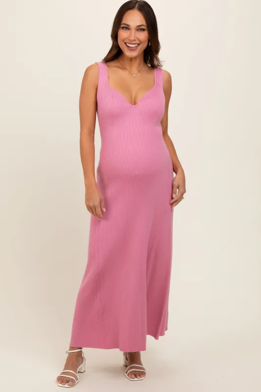 Pink Knit Maternity Deep V-Neck Maternity Maxi Dress sold by Pinkblush