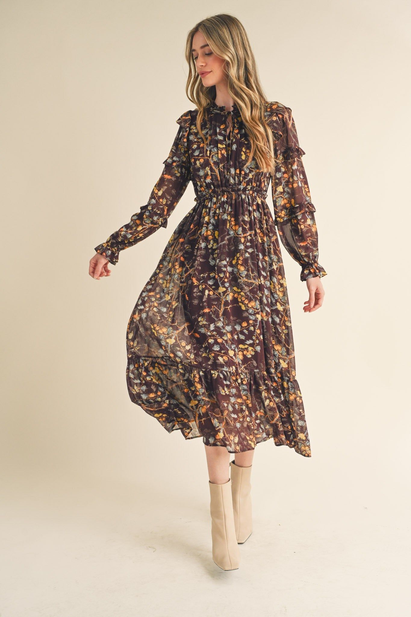 Brown Floral Ruffle Trim Midi Dress sold by Pinkblush product image thumbnail 3