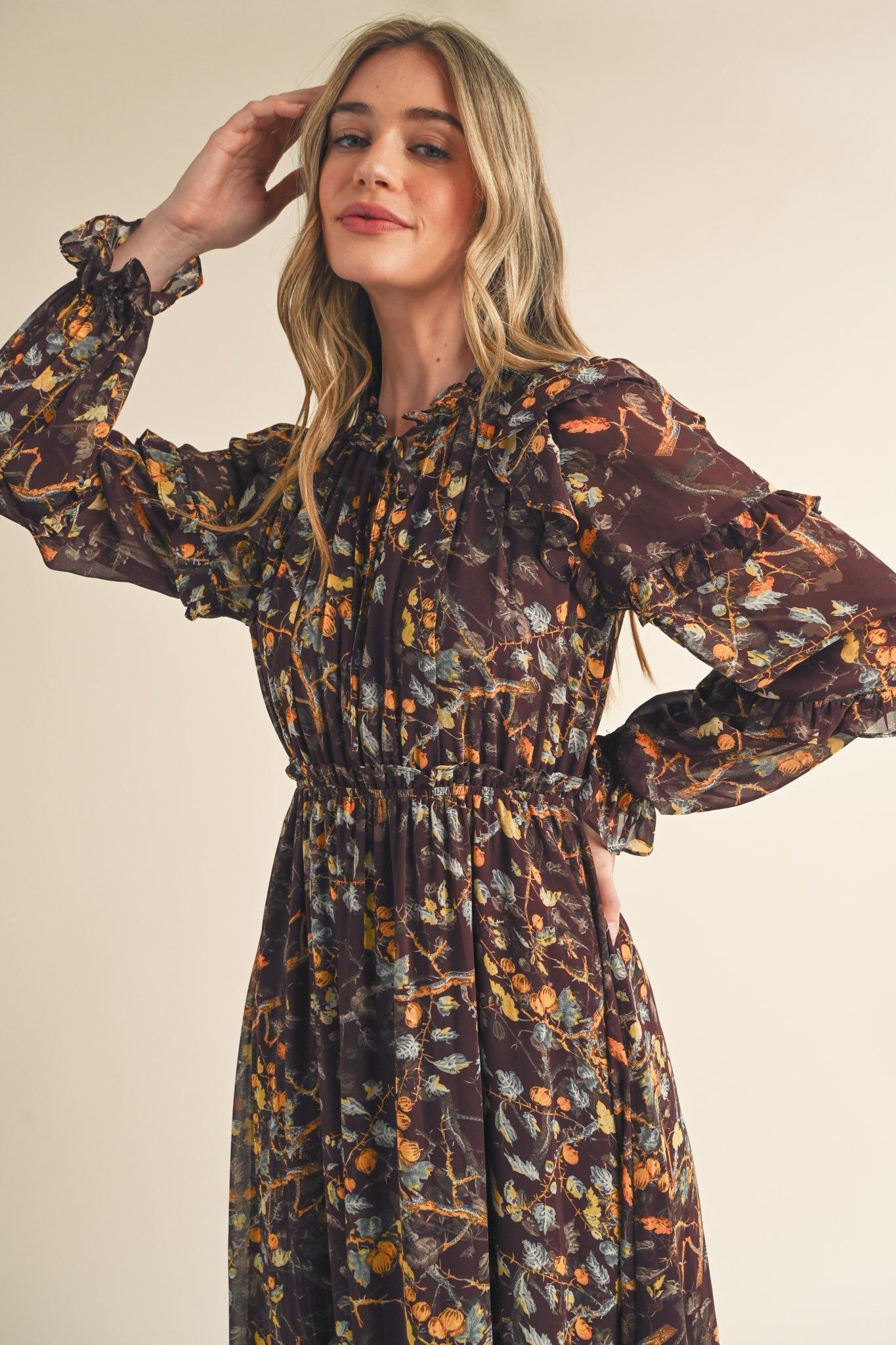 Brown Floral Ruffle Trim Midi Dress sold by Pinkblush