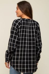 Black Plaid Button Down Long Sleeve Maternity Top sold by Pinkblush