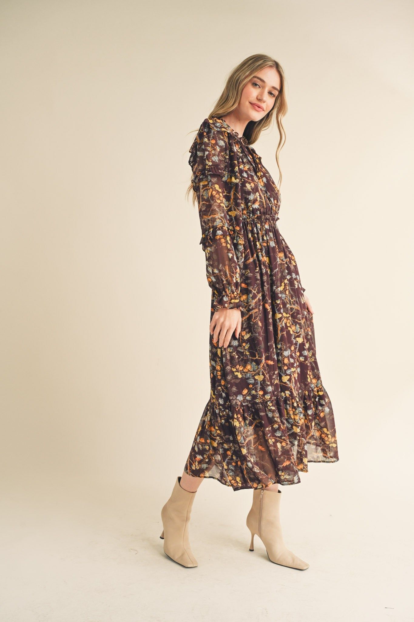 Brown Floral Ruffle Trim Midi Dress sold by Pinkblush product image thumbnail 4