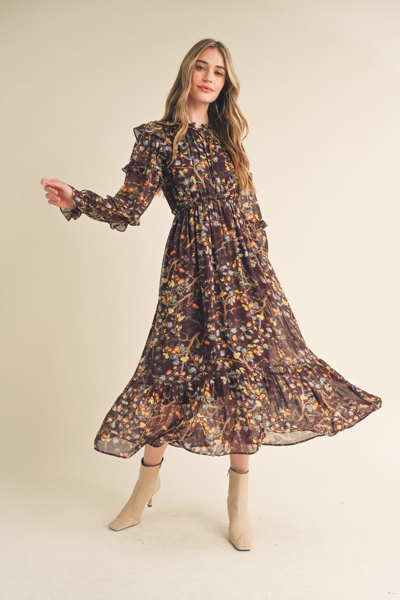 Brown Floral Ruffle Trim Midi Dress sold by Pinkblush product image thumbnail 2