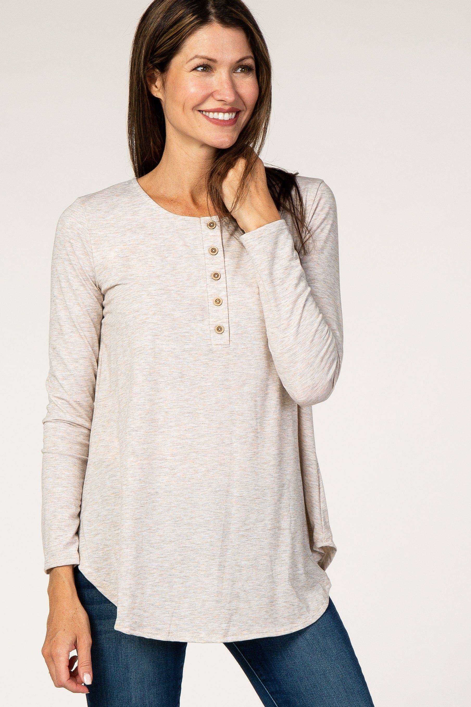 Beige Front Button Long Sleeve Maternity Top sold by Pinkblush product image thumbnail 5