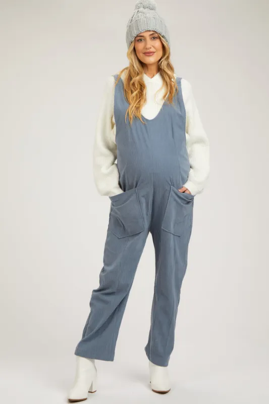 Blue Corduroy Wide Leg Maternity Overalls sold by Pinkblush