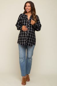 Black Plaid Button Down Long Sleeve Maternity Top sold by Pinkblush