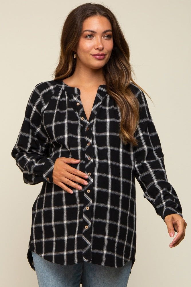 Black Plaid Button Down Long Sleeve Maternity Top sold by Pinkblush
