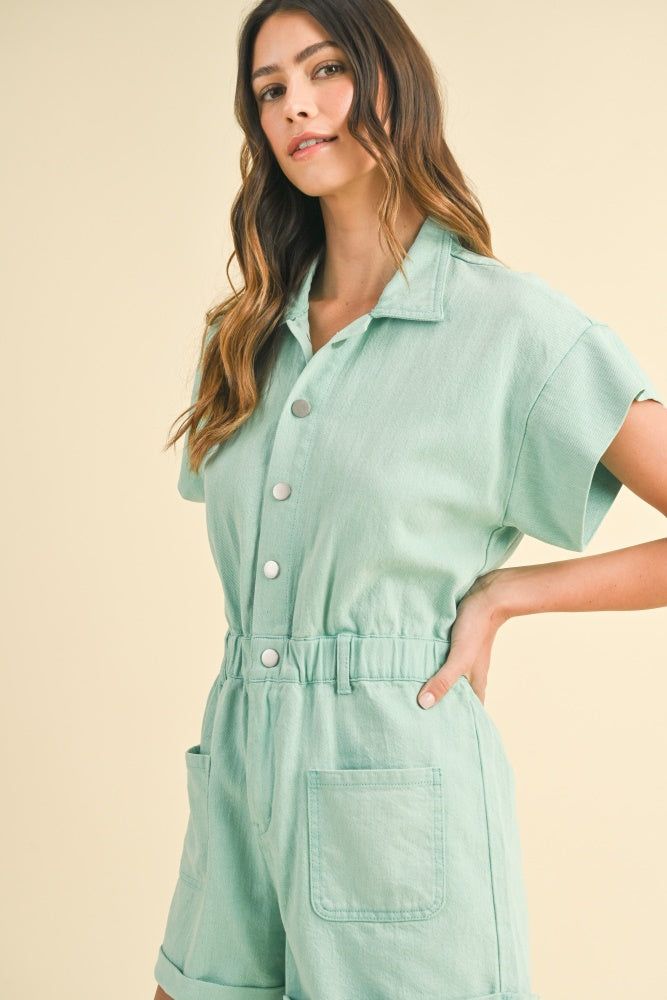 Spearmint Mineral Washed Elastic Waistband Pockets Romper sold by Pinkblush product image thumbnail 3