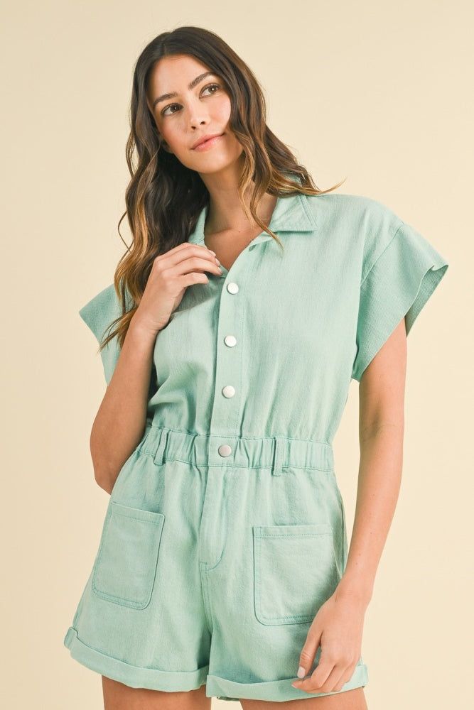 Spearmint Mineral Washed Elastic Waistband Pockets Romper sold by Pinkblush