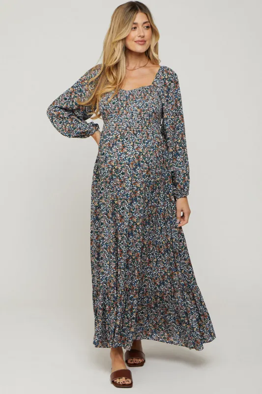 Navy Floral Long Sleeve Maternity Maxi Dress sold by Pinkblush