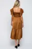 Camel Satin Flutter Sleeve Maternity Midi Dress sold by Pinkblush