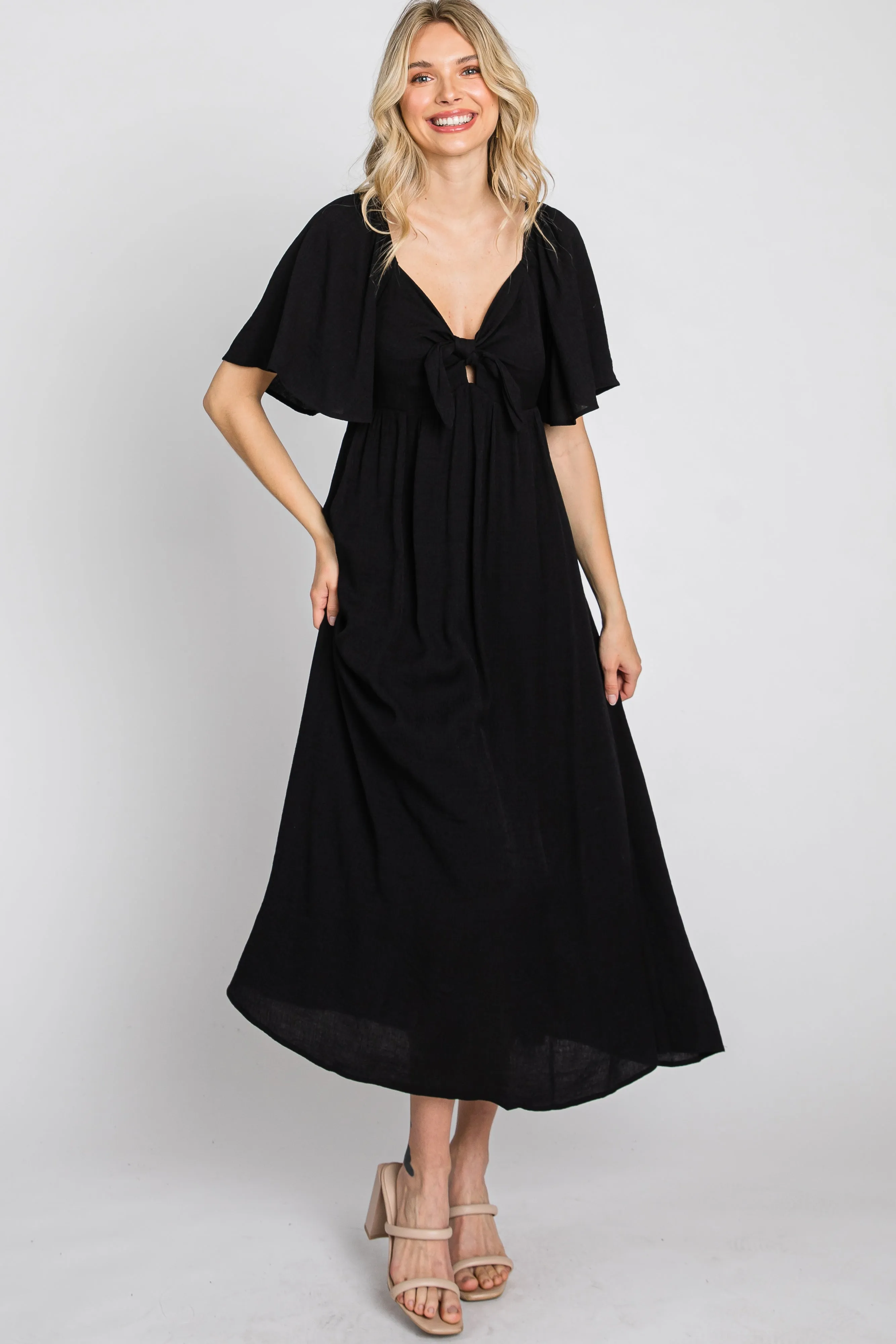 Black Front Tie Ruffle Sleeve Midi Dress sold by Pinkblush product image thumbnail 3