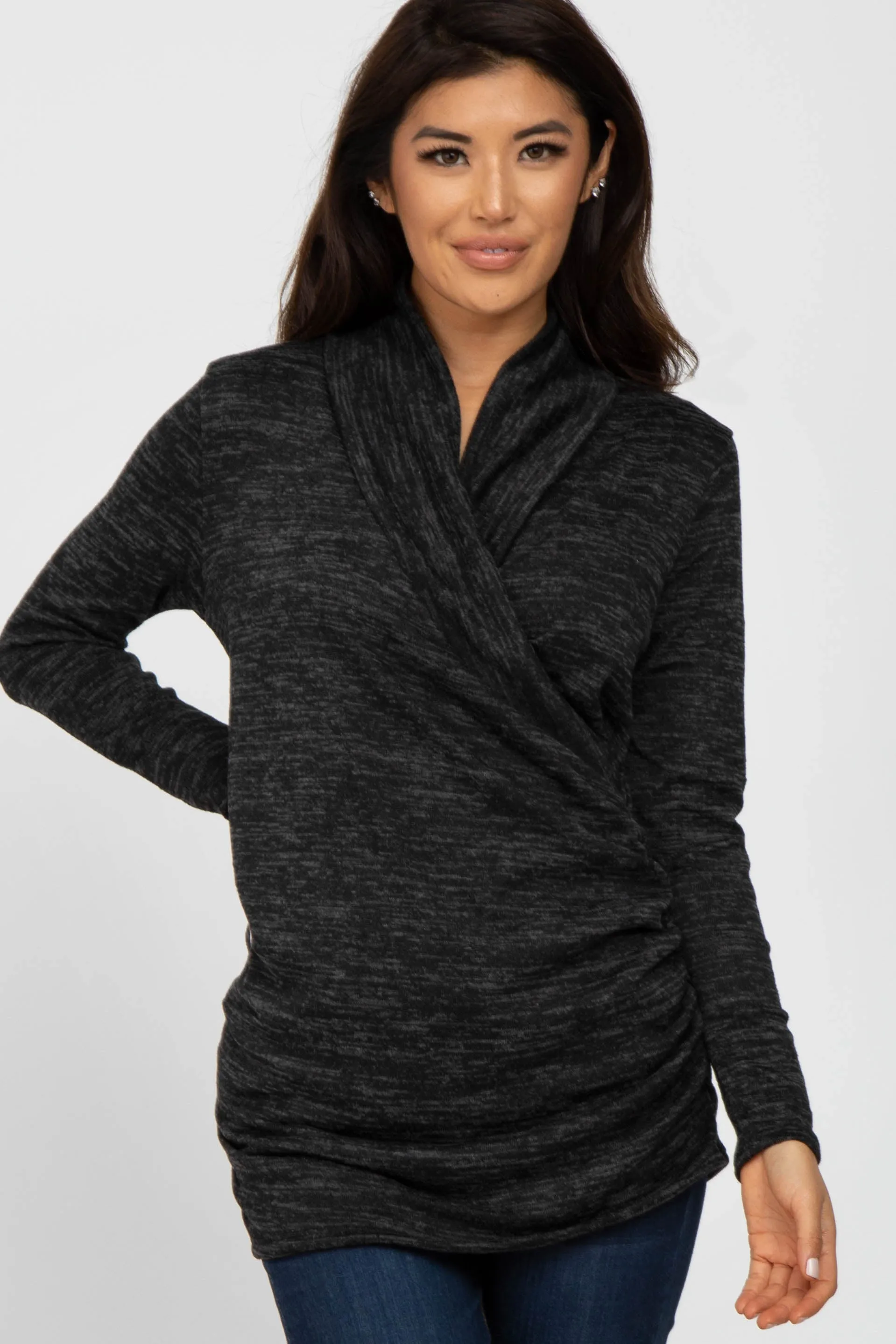 Black Soft Heathered Draped Wrap Nursing Top sold by Pinkblush