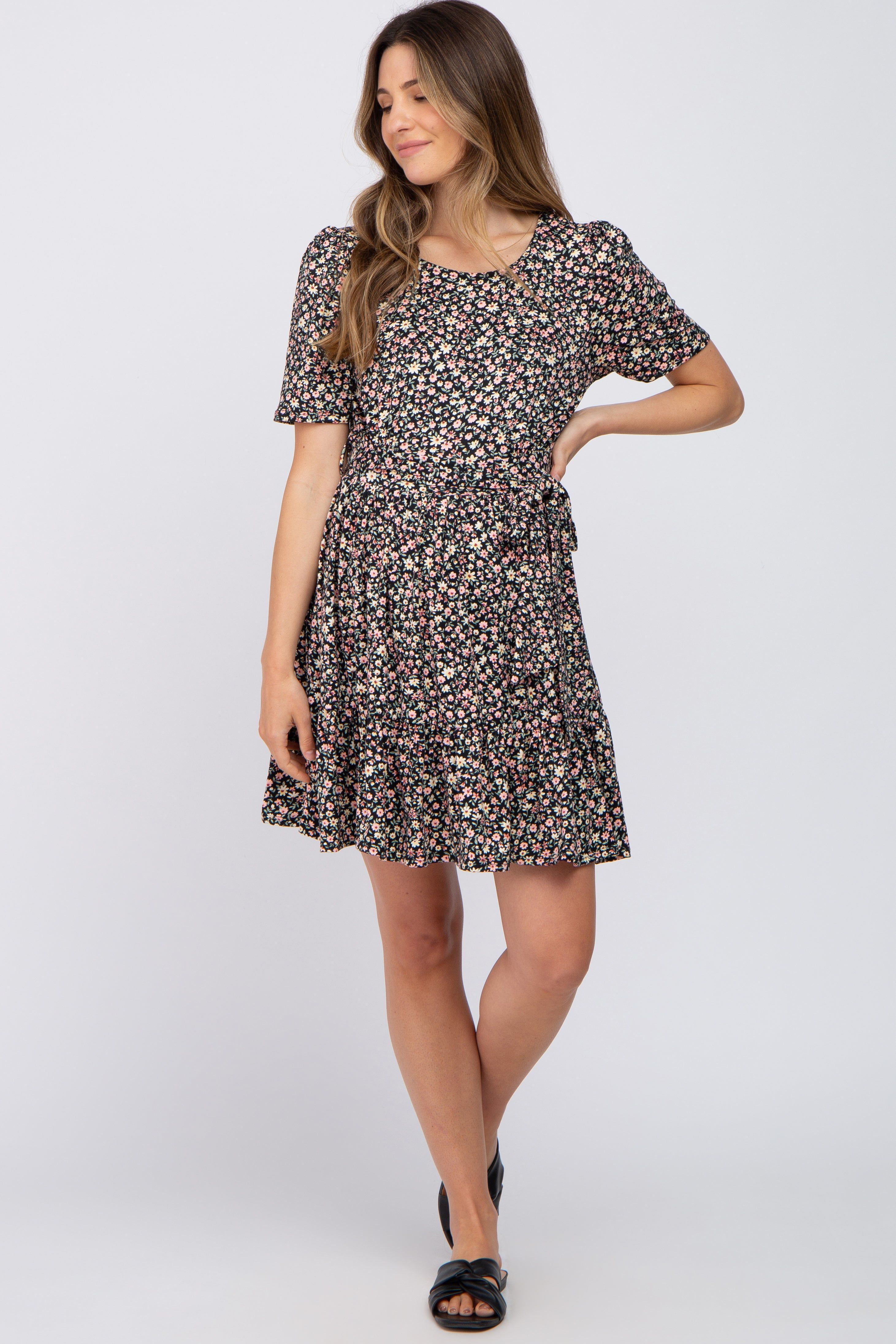 Black Floral Waist Tie Ruffle Hem Maternity Dress sold by Pinkblush product image thumbnail 4