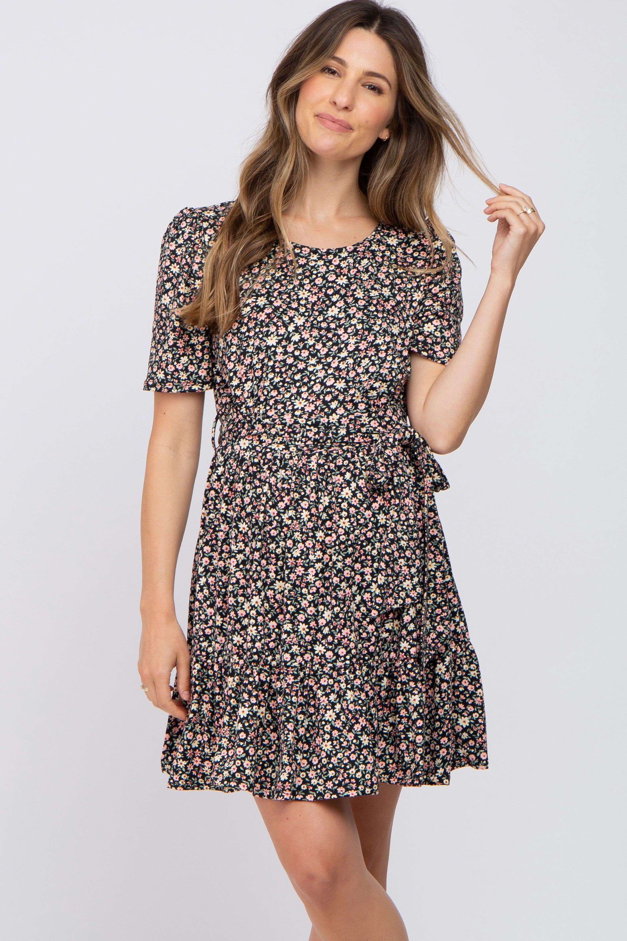 Black Floral Waist Tie Ruffle Hem Maternity Dress sold by Pinkblush