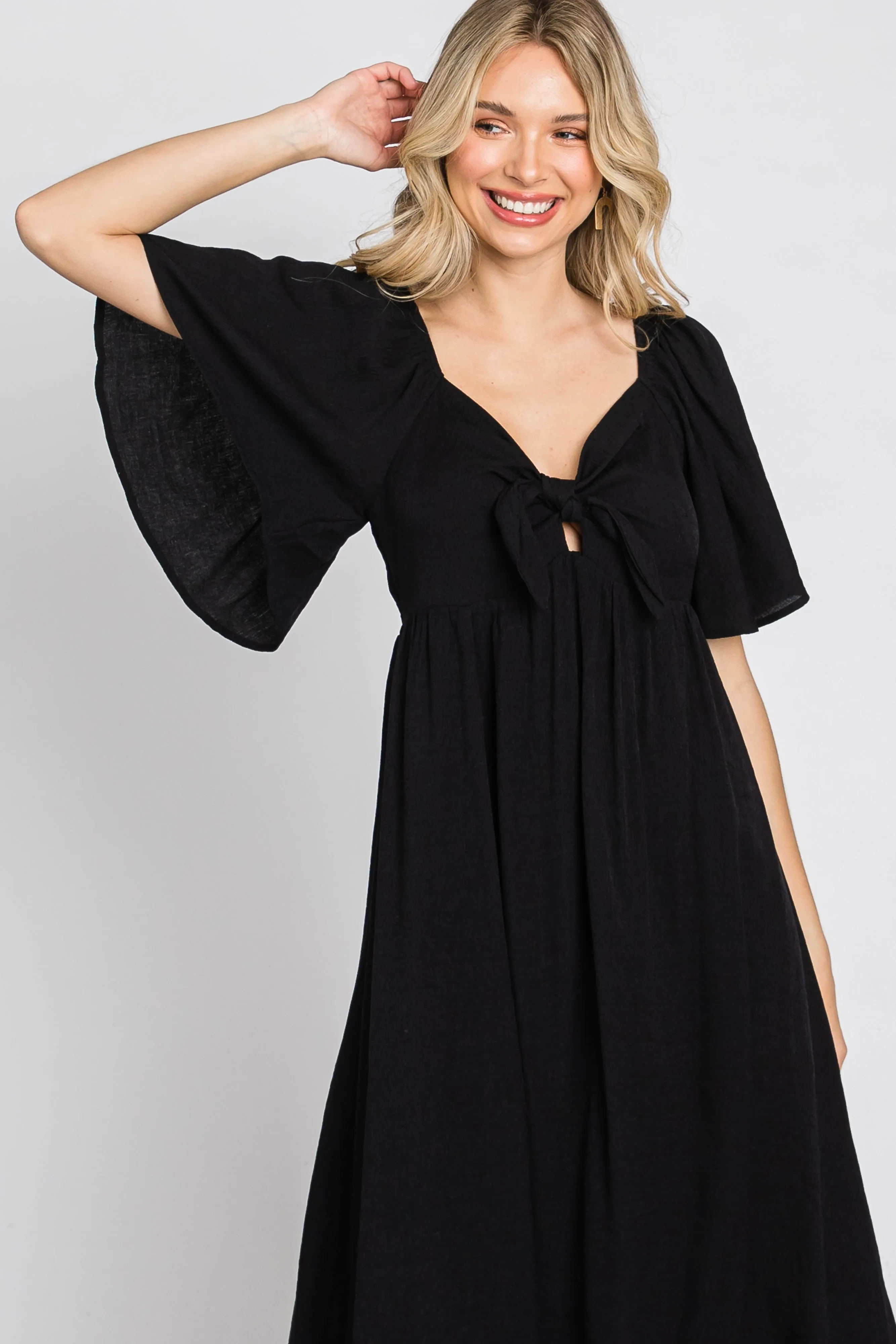 Black Front Tie Ruffle Sleeve Midi Dress sold by Pinkblush product image thumbnail 4