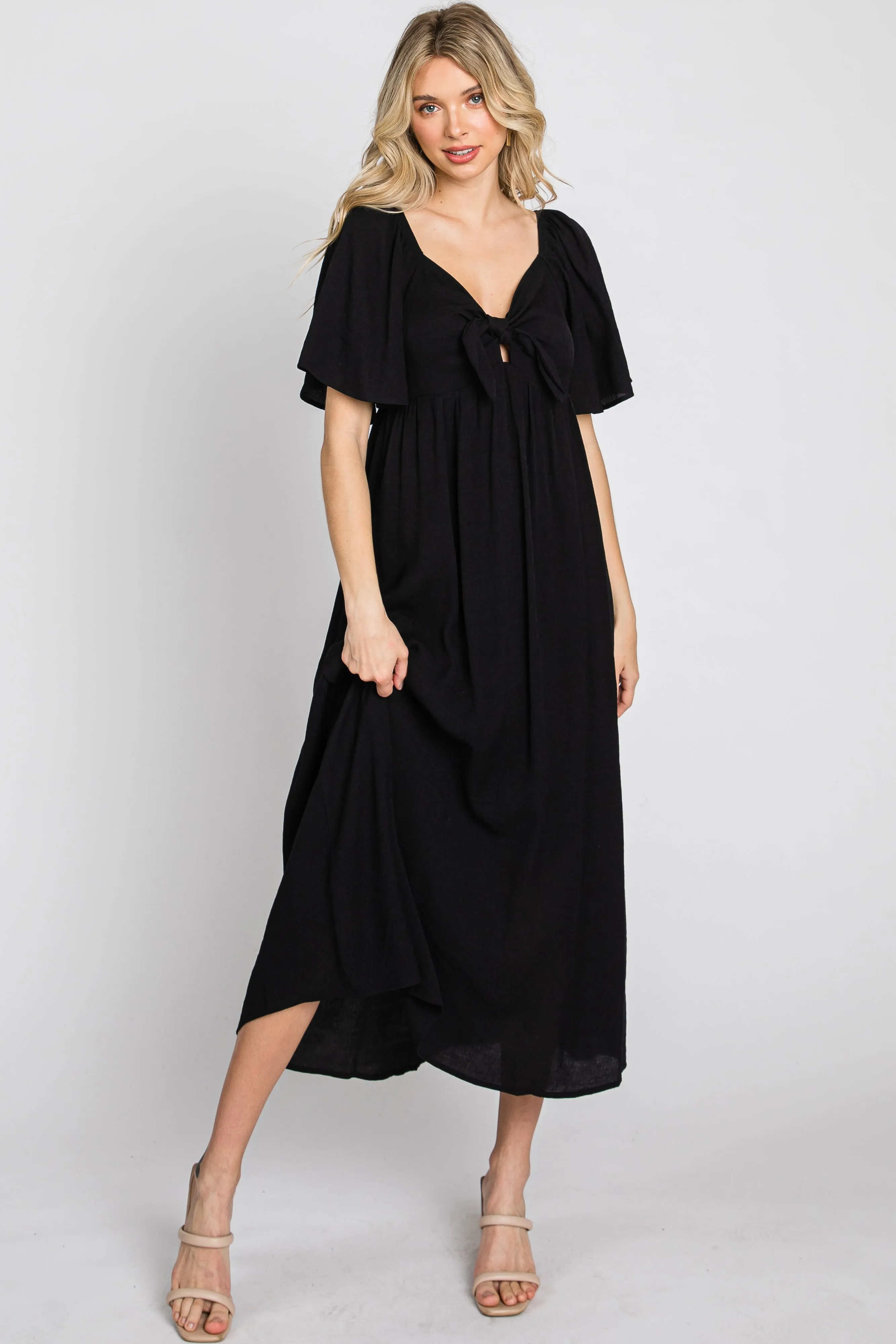 Black Front Tie Ruffle Sleeve Midi Dress sold by Pinkblush