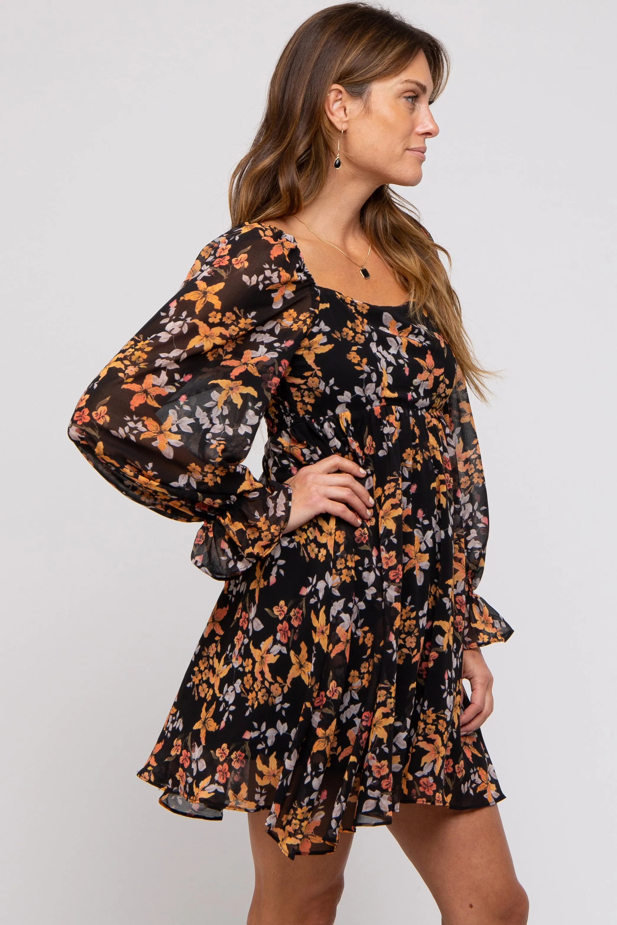 Black Floral Chiffon Square Neck Dress sold by Pinkblush product image thumbnail 2