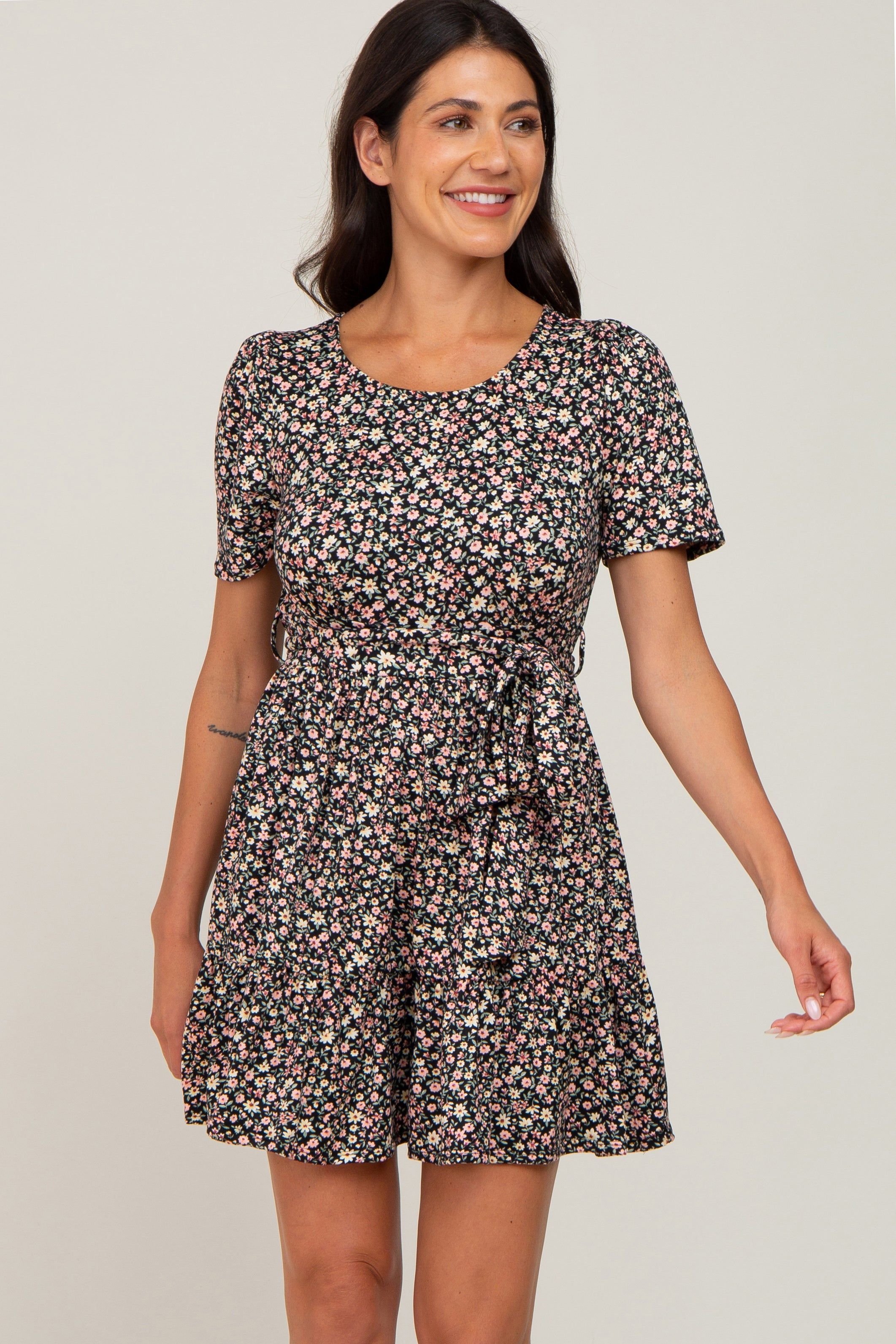 Black Floral Waist Tie Ruffle Hem Maternity Dress sold by Pinkblush product image thumbnail 5