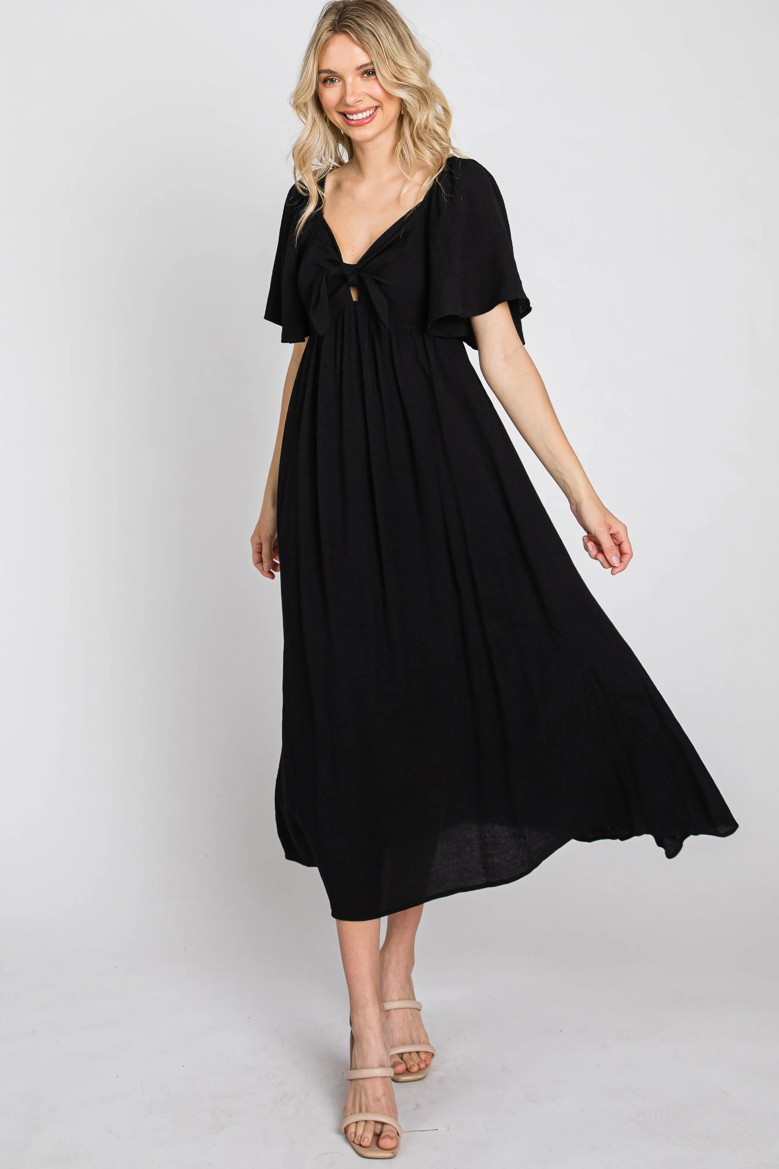 Black Front Tie Ruffle Sleeve Midi Dress sold by Pinkblush product image thumbnail 2