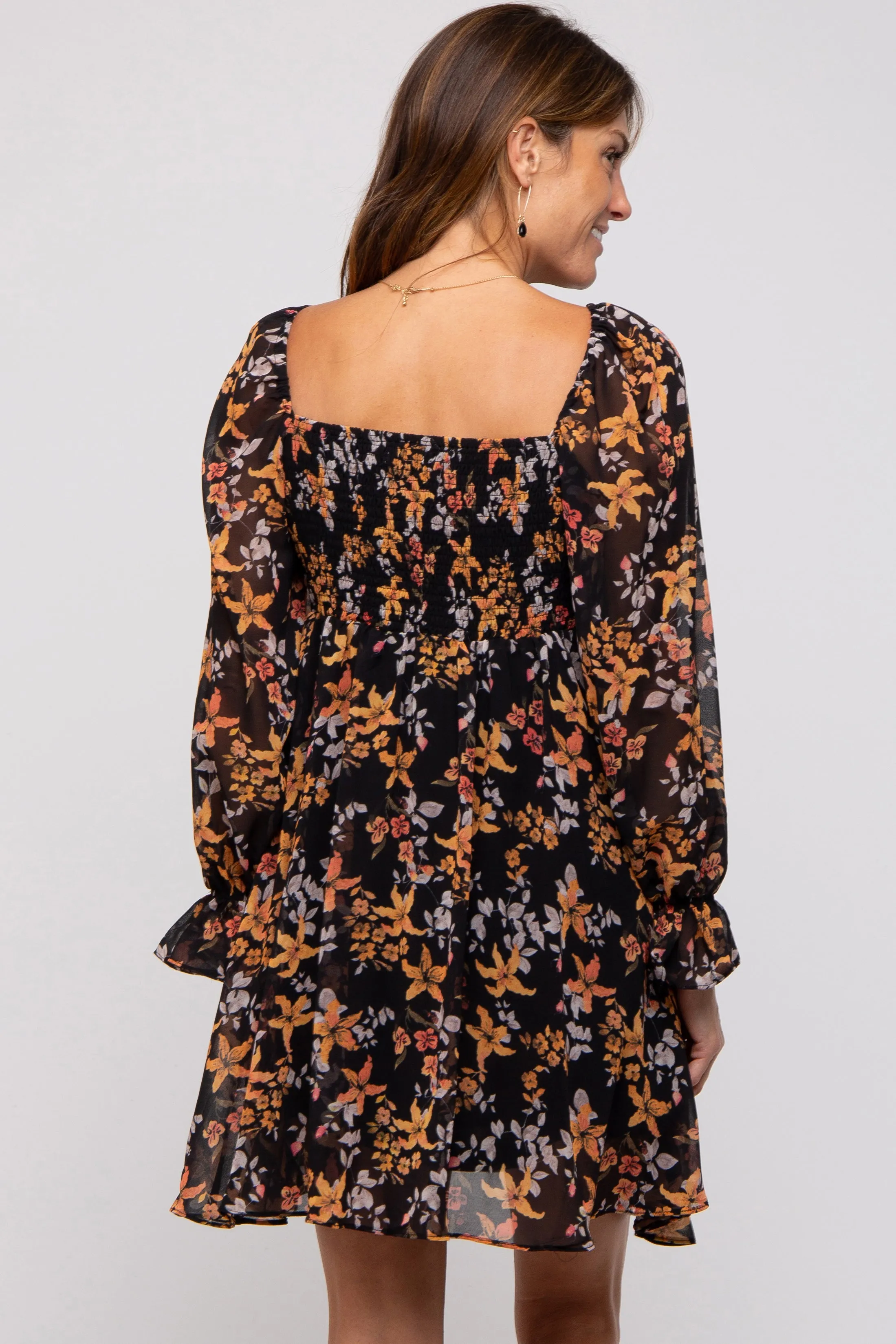 Black Floral Chiffon Square Neck Dress sold by Pinkblush product image thumbnail 3