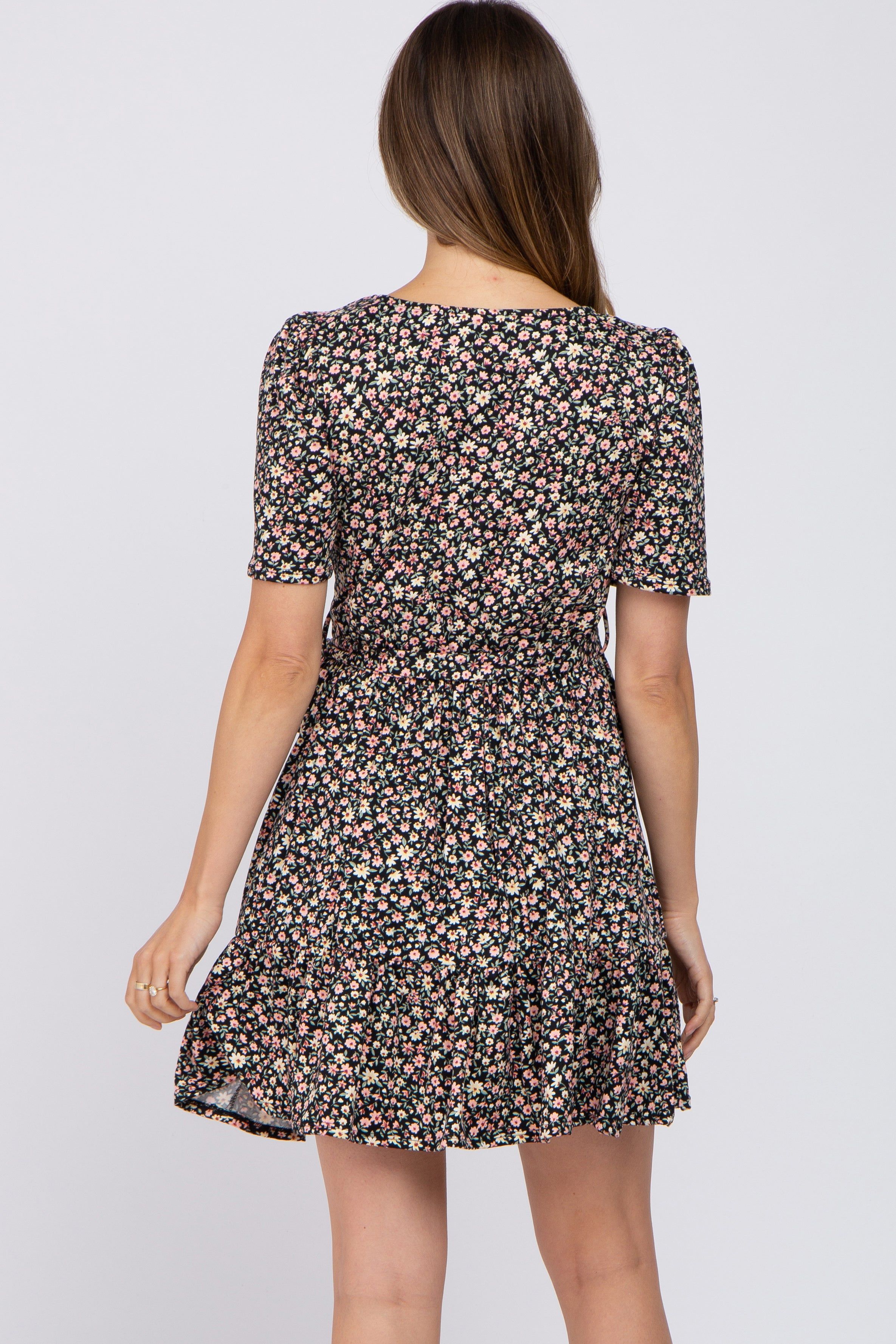 Black Floral Waist Tie Ruffle Hem Maternity Dress sold by Pinkblush product image thumbnail 3