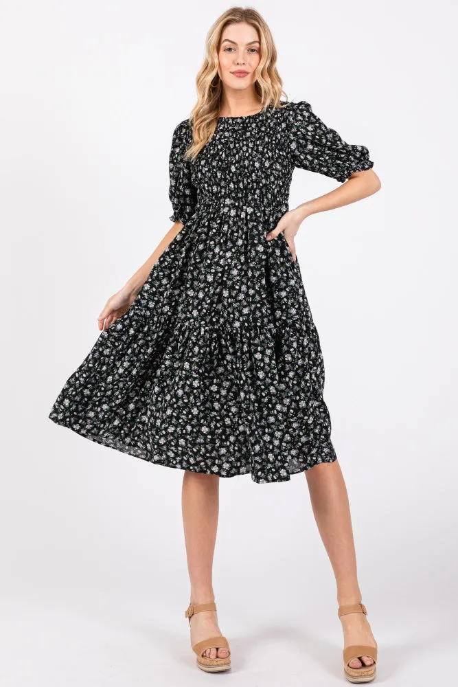 Black Floral Smocked Midi Dress sold by Pinkblush