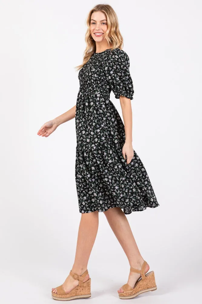 Black Floral Smocked Midi Dress sold by Pinkblush product image thumbnail 2