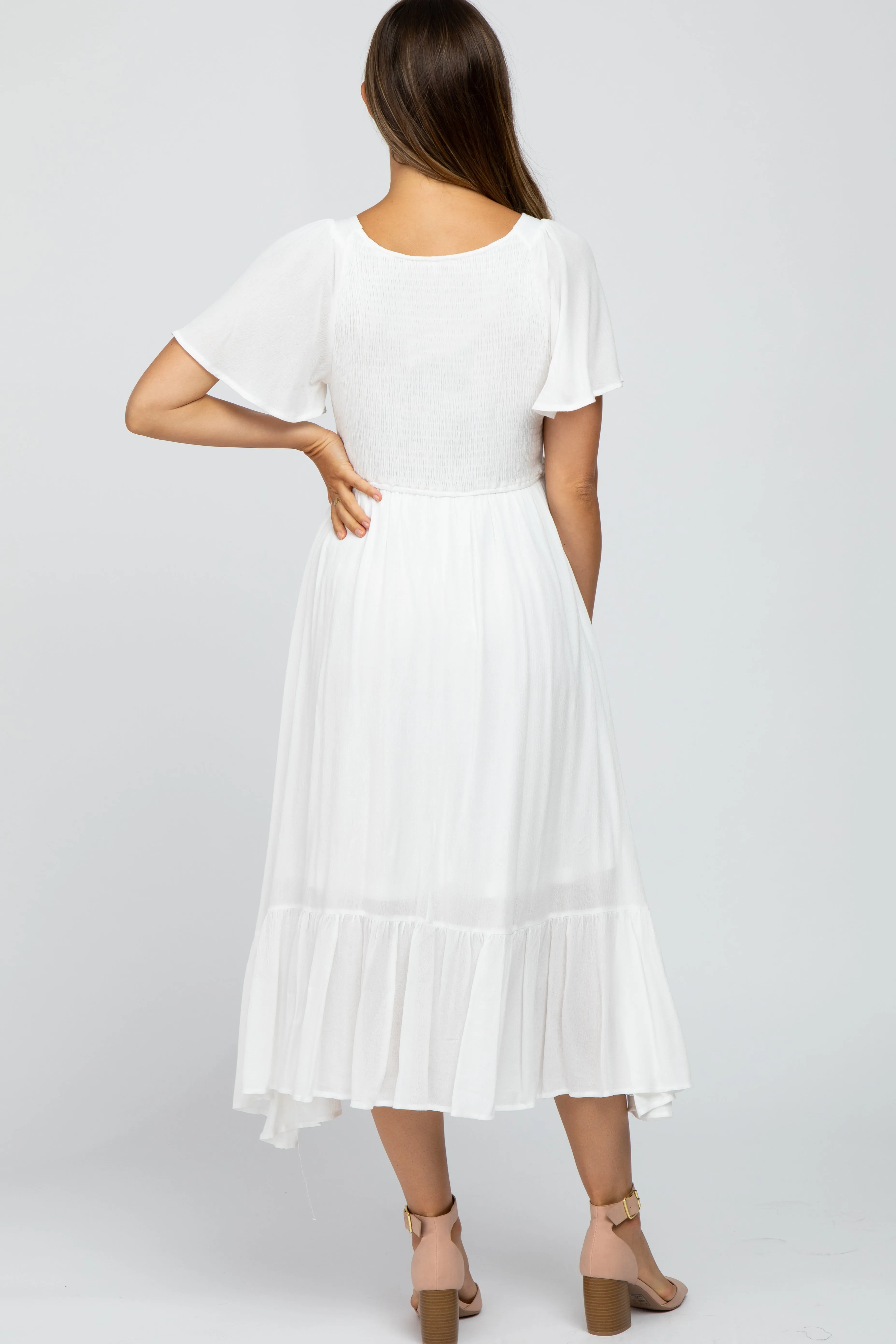 Ivory Smocked V-Neck Maternity Midi Dress sold by Pinkblush product image thumbnail 3