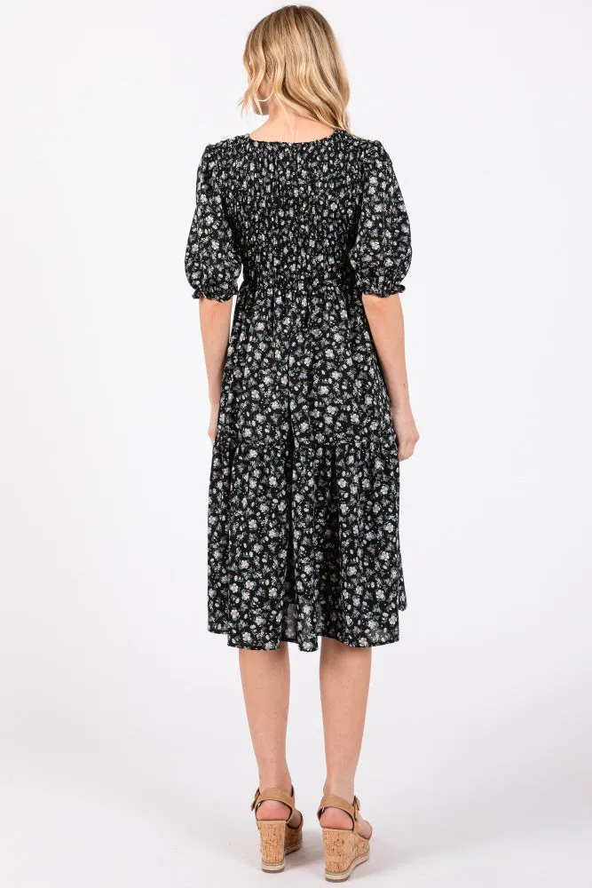 Black Floral Smocked Midi Dress sold by Pinkblush product image thumbnail 3
