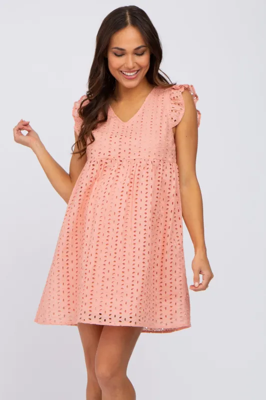 Coral Eyelet V-Neck Maternity Dress sold by Pinkblush
