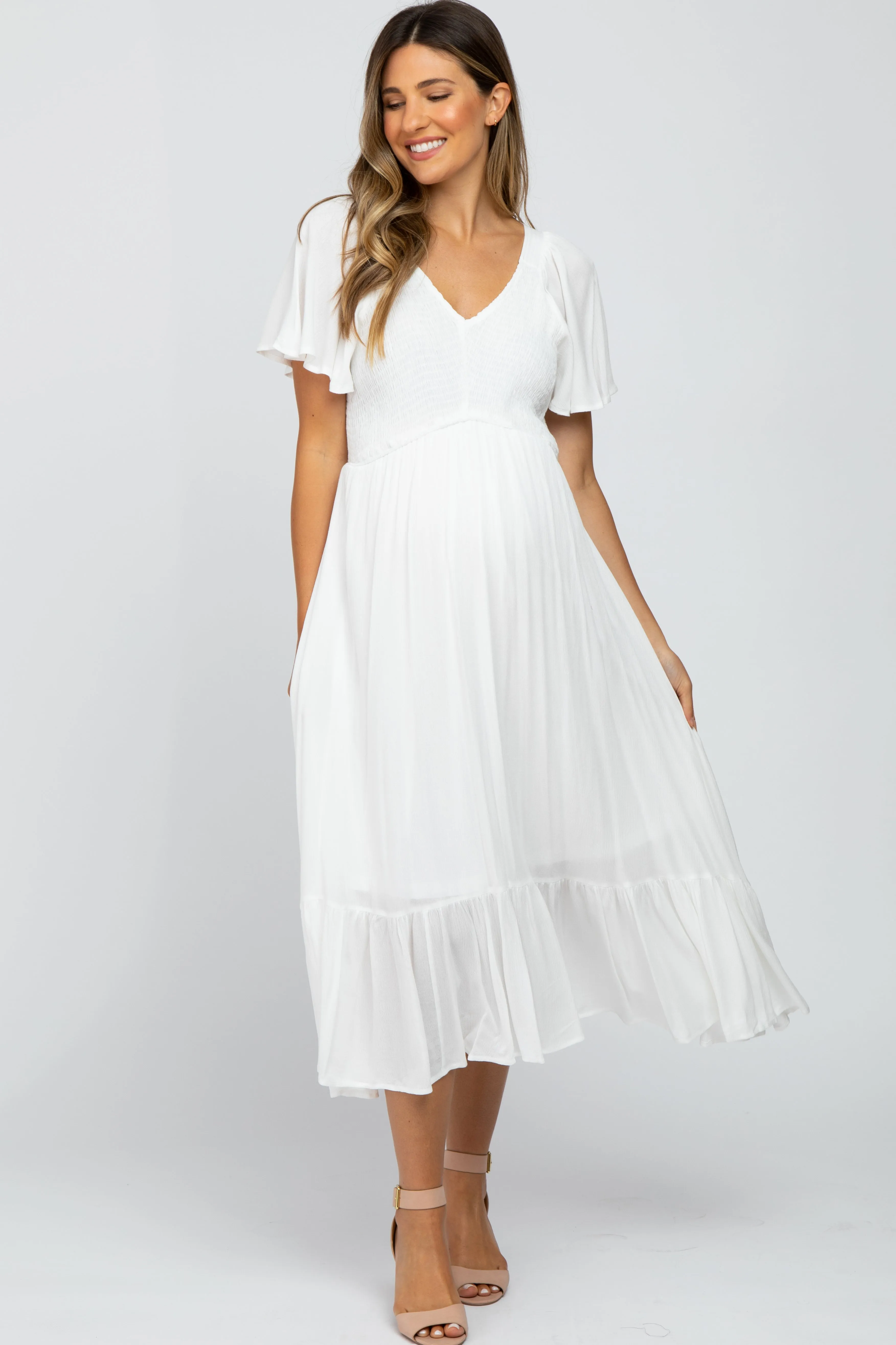 Ivory Smocked V-Neck Maternity Midi Dress sold by Pinkblush product image thumbnail 4