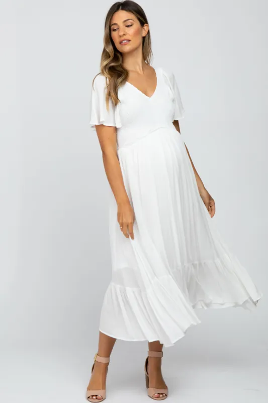 Ivory Smocked V-Neck Maternity Midi Dress sold by Pinkblush