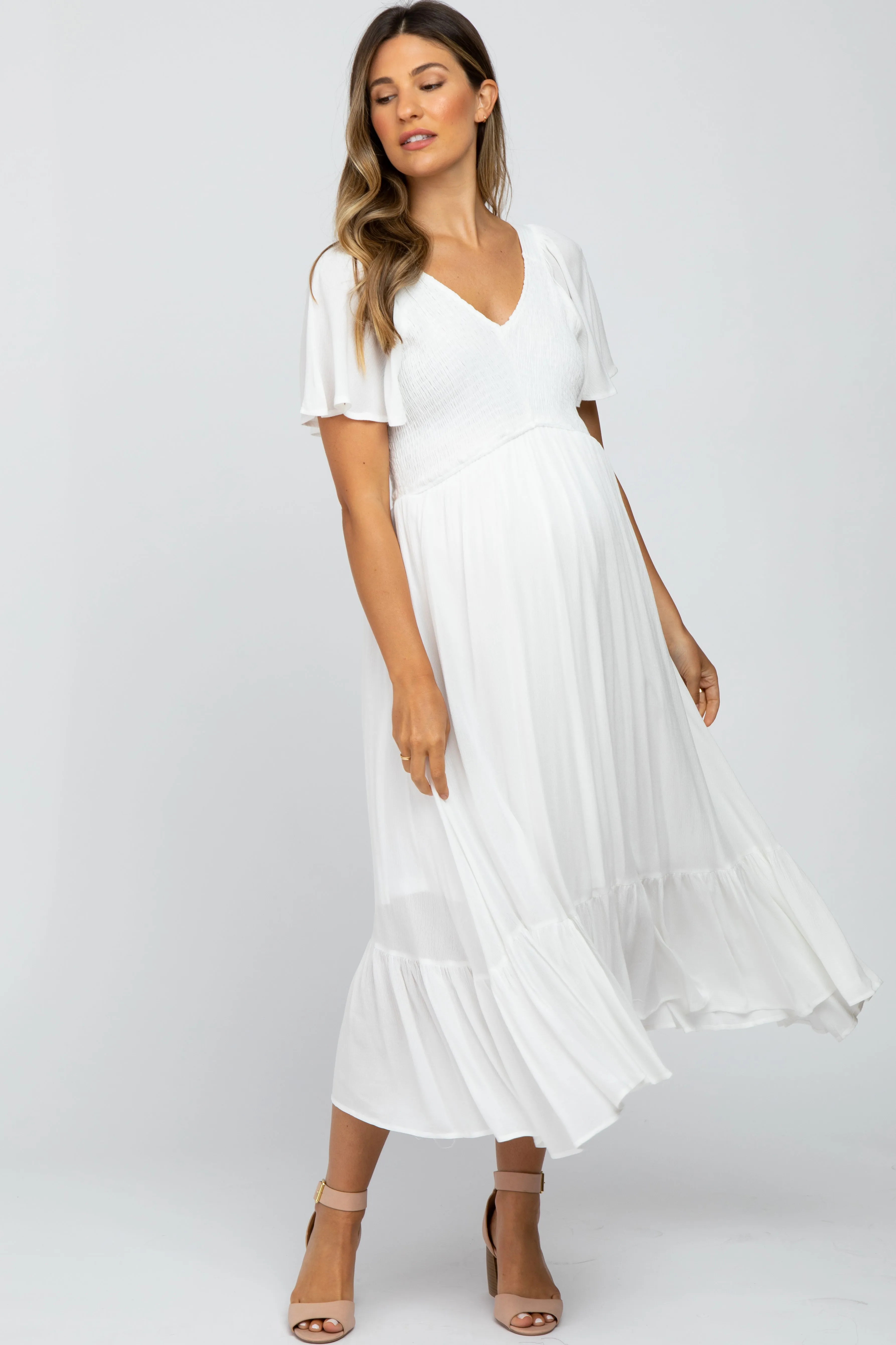 Ivory Smocked V-Neck Maternity Midi Dress sold by Pinkblush