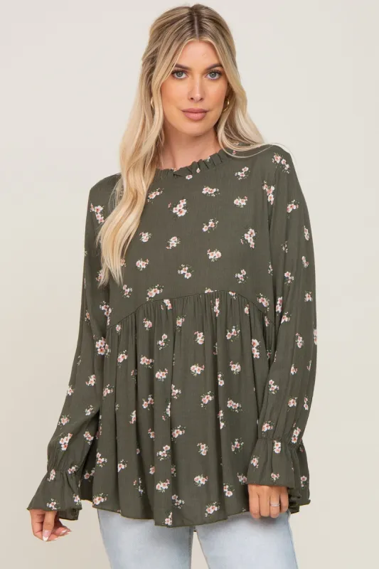Olive Rust Floral Ruffle Accent Babydoll Top sold by Pinkblush