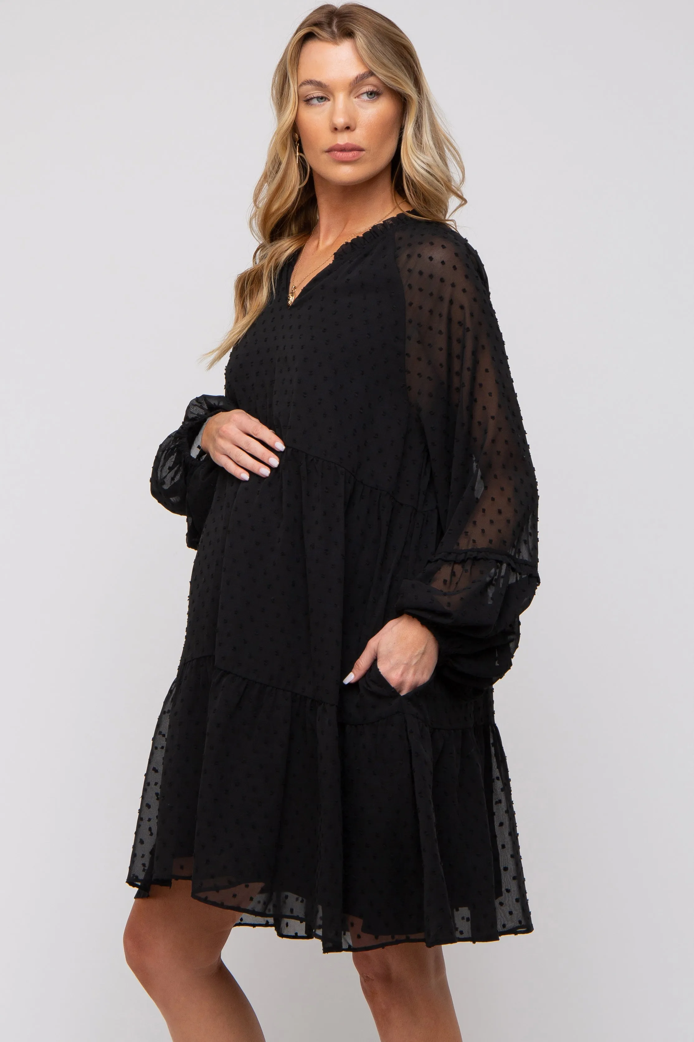 Black Swiss Dot Chiffon Tiered Maternity Dress sold by Pinkblush product image thumbnail 2