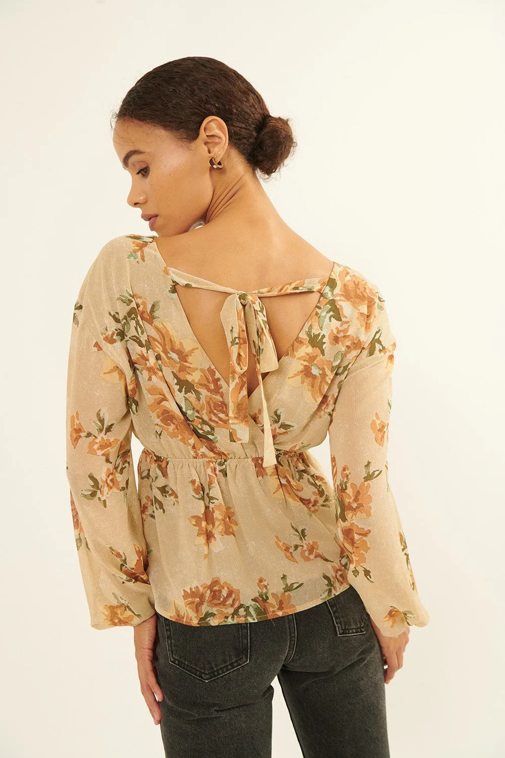 Natural Floral Chiffon Surplice-Back Peplum Peasant Top sold by Pinkblush product image thumbnail 4