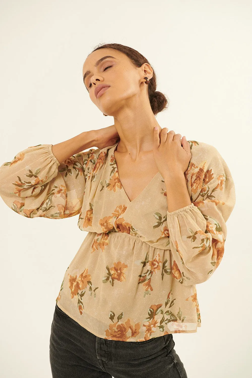 Natural Floral Chiffon Surplice-Back Peplum Peasant Top sold by Pinkblush