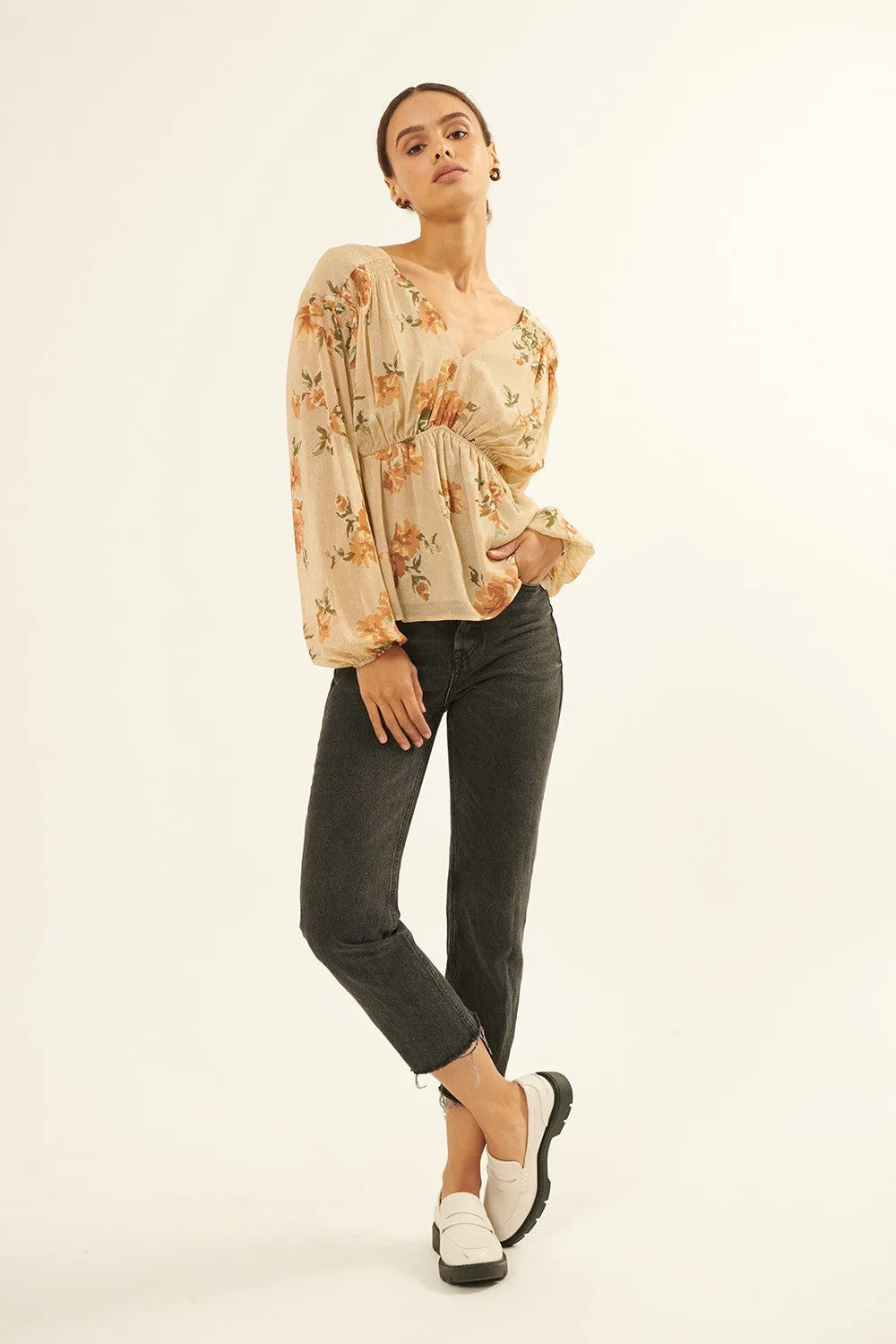 Natural Floral Chiffon Surplice-Back Peplum Peasant Top sold by Pinkblush product image thumbnail 5