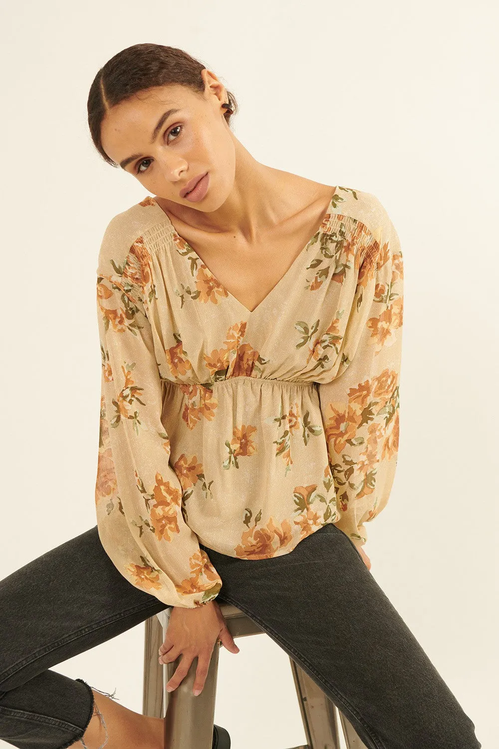 Natural Floral Chiffon Surplice-Back Peplum Peasant Top sold by Pinkblush product image thumbnail 2