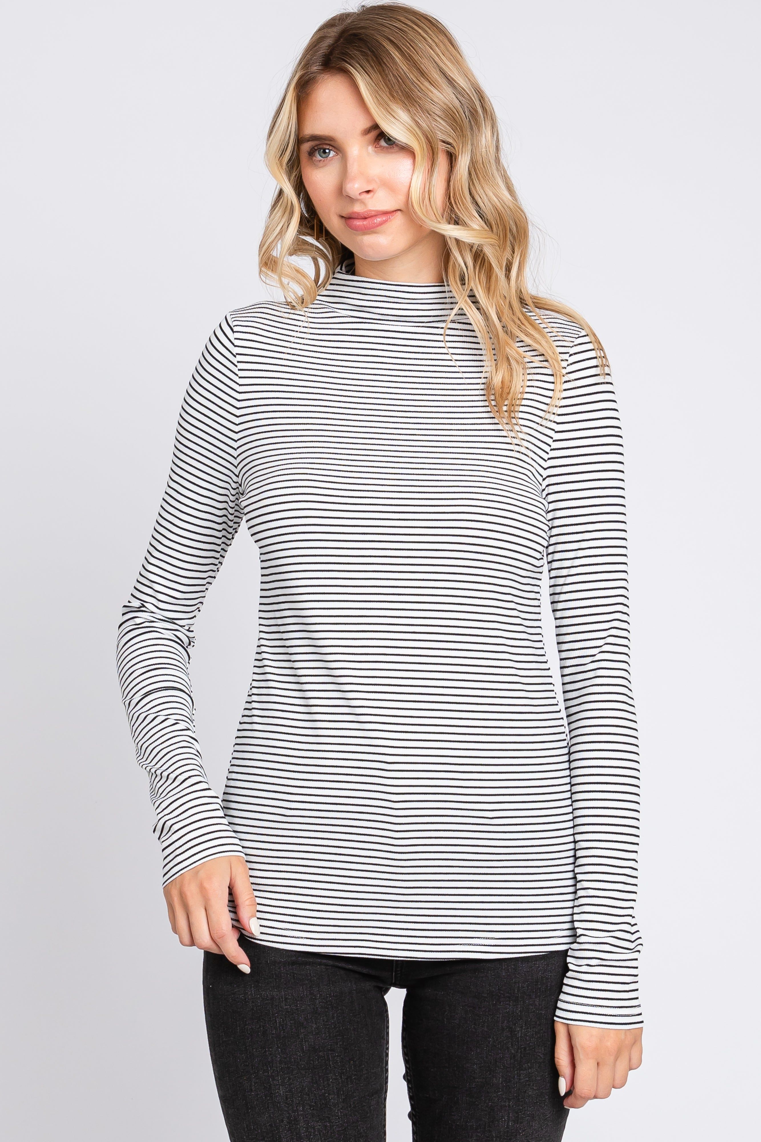 Ivory Striped Mock Neck Long Sleeve Top sold by Pinkblush