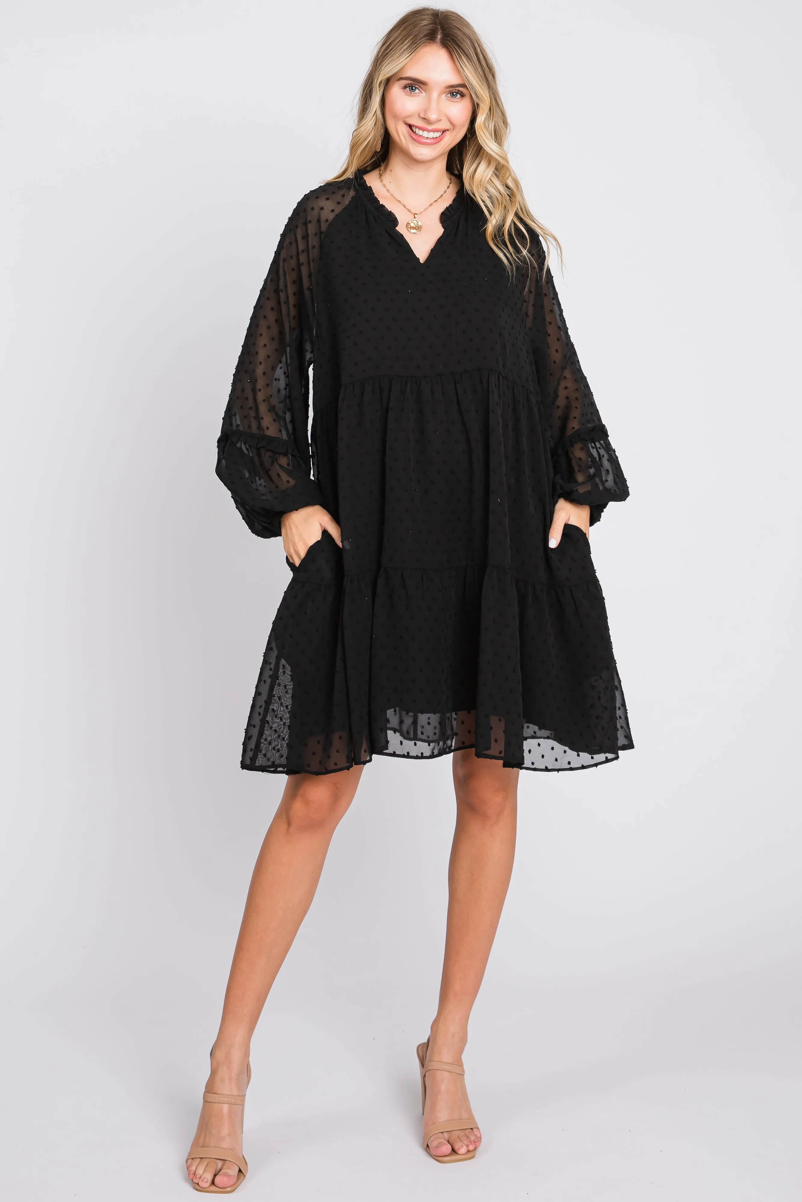 Black Swiss Dot Chiffon Tiered Maternity Dress sold by Pinkblush product image thumbnail 4